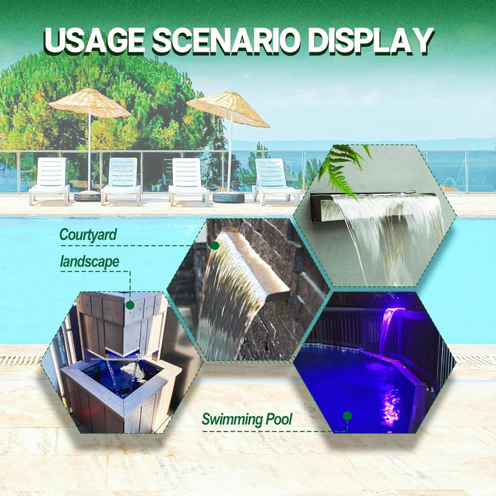 Longrun 60cm Teich Wasserfall Set, 304 Edelstahl Pool Wasserfall Brunnen mit RGB LED und Fernbedienu