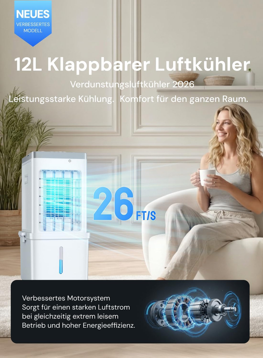 Mobile Klimaanlage, 3-in-1 Luftkühler, Verdunstungskühler, 12L Wassertank, 3 Kühlakkus, 3 Geschwindi