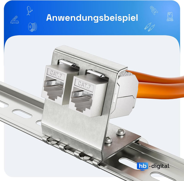 hb-digital Set: 4X CAT.7 Keystone RJ45 Modul + 2X Hutschienenadapter Metall Keystone-Halterung für H