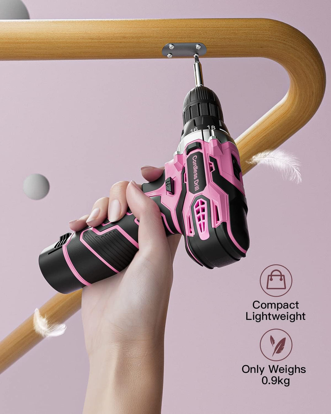 Akkuschrauber 12V Pink Rosa, Akkubohrer Klein, Akku Bohrschrauber Set mit 15 Zubehör und Tasche, 18+