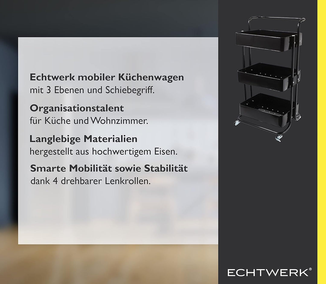 ECHTWERK mobiler Servierwagen für Küche/ Bad/ Büro mit 3 Ebenen, Küchenrollwagen, Küchenwagen, Werkz