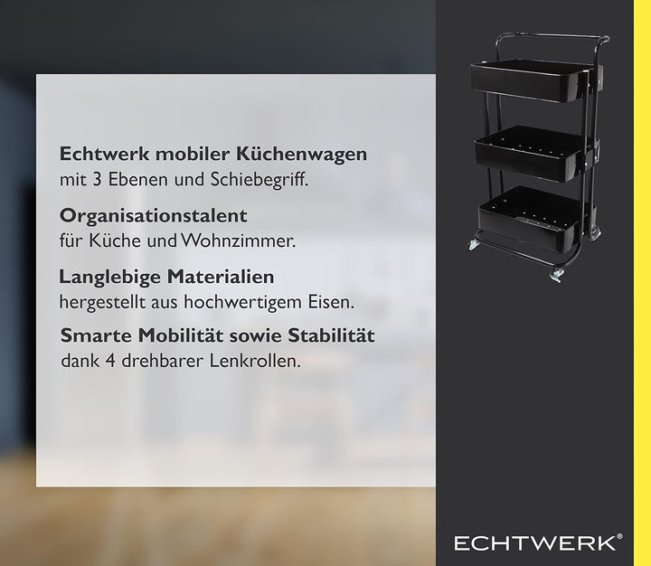 ECHTWERK mobiler Servierwagen für Küche/ Bad/ Büro mit 3 Ebenen, Küchenrollwagen, Küchenwagen, Werkz