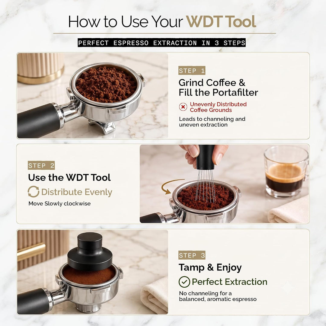 WDT Tool Espresso Verteiler mit Puck Screen 58,5mm Siebträger Set | 8 feine Edelstahl-Nadeln 0,35mm