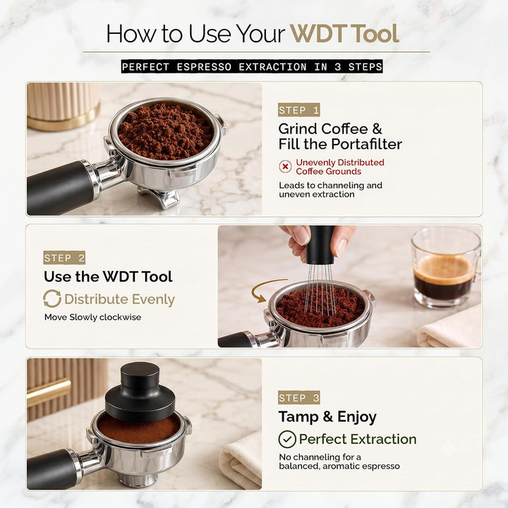 WDT Tool Espresso Verteiler mit Puck Screen 58,5mm Siebträger Set | 8 feine Edelstahl-Nadeln 0,35mm