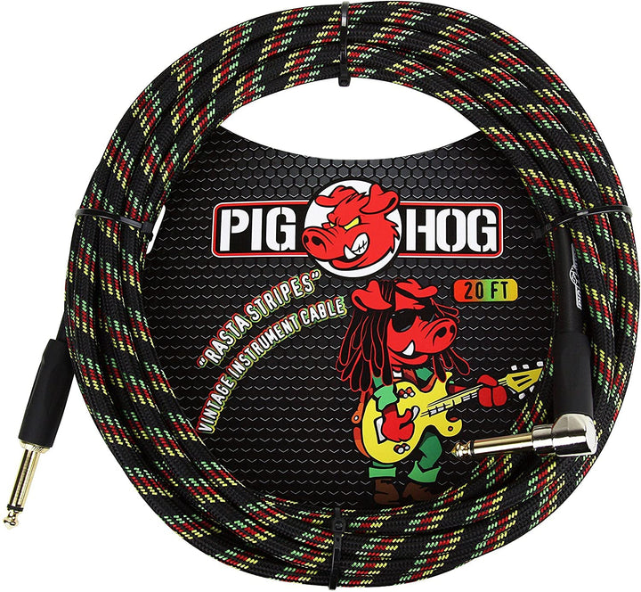 Pig Hog Gitarren-Instrumentenkabel, rechtwinklig, 6,35 mm auf 6,35 mm Rasta-Streifen 20 feet Rasta-S