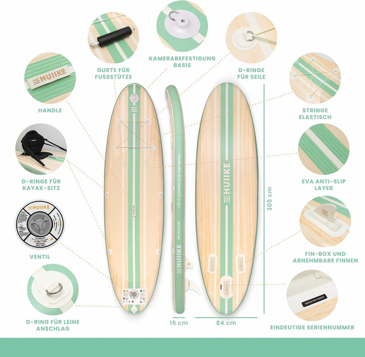 HUIIKE Stand Up Paddling Board mit Zubehör, Paddel, Finnen, Leash, Pumpe, Rucksack. SUP-Board Aufbla