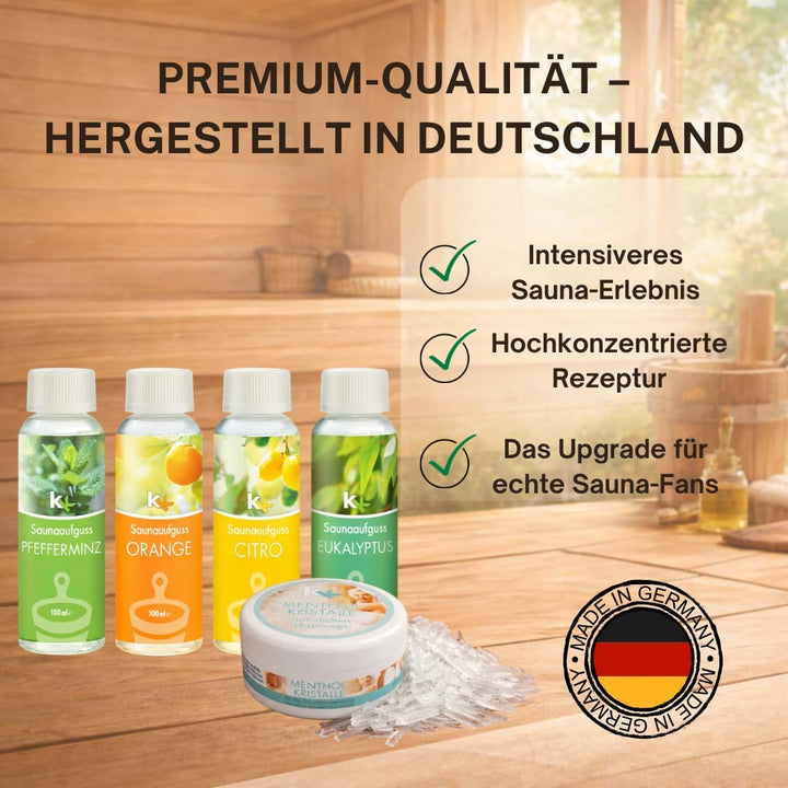 Sauna Set | KK Saunaaufgussset 4 x 100 ml + 50g Mentholkristalle | Saunakonzentrat + Menthol-Kristal