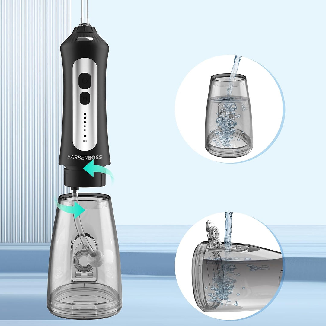 BarberBoss Kabellose Munddusche für Zähne und Zahnfleisch, 6 Multifunktionsdüsen, LED-Display, USB-A