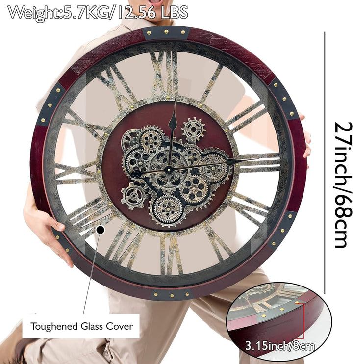 DORBOKER 68CM Grosse Vintage Wanduhr mit Beweglichen Zahnrädern, Retro Holz Wanduhr, XXL Antike Stea