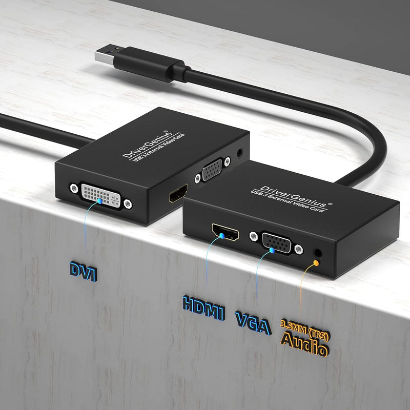 DriverGenius Externe Video und Grafikkarte - USB 3.0 auf HD/DVI/VGA Adapter mit 3,5mm Audio - 2048x1