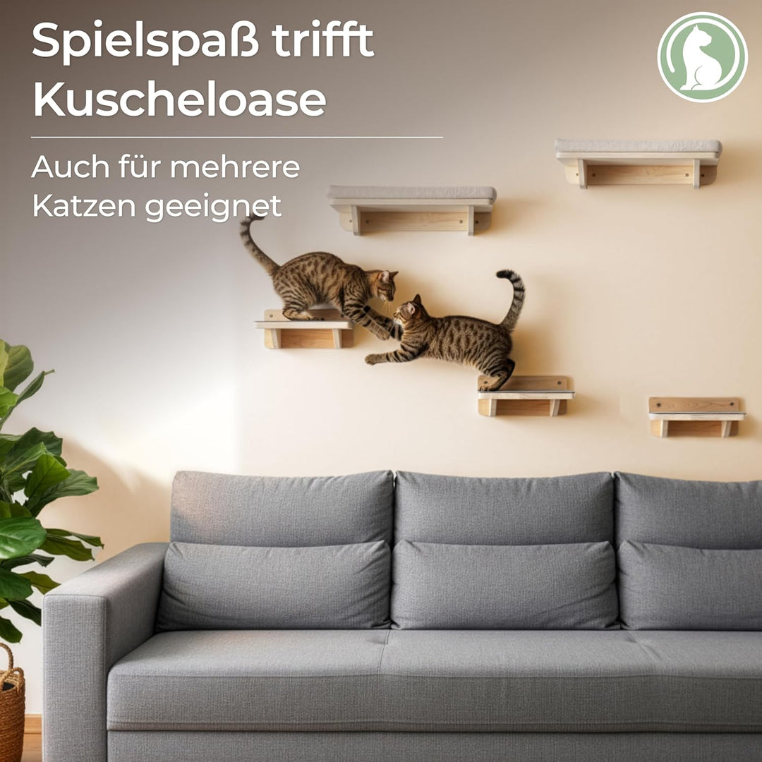 WOOWOOD® 2X Kletterwand Katzen - 3X Katzentreppe Wand [Beste Stabilität] - Kratzbaum Wand, Hängematt