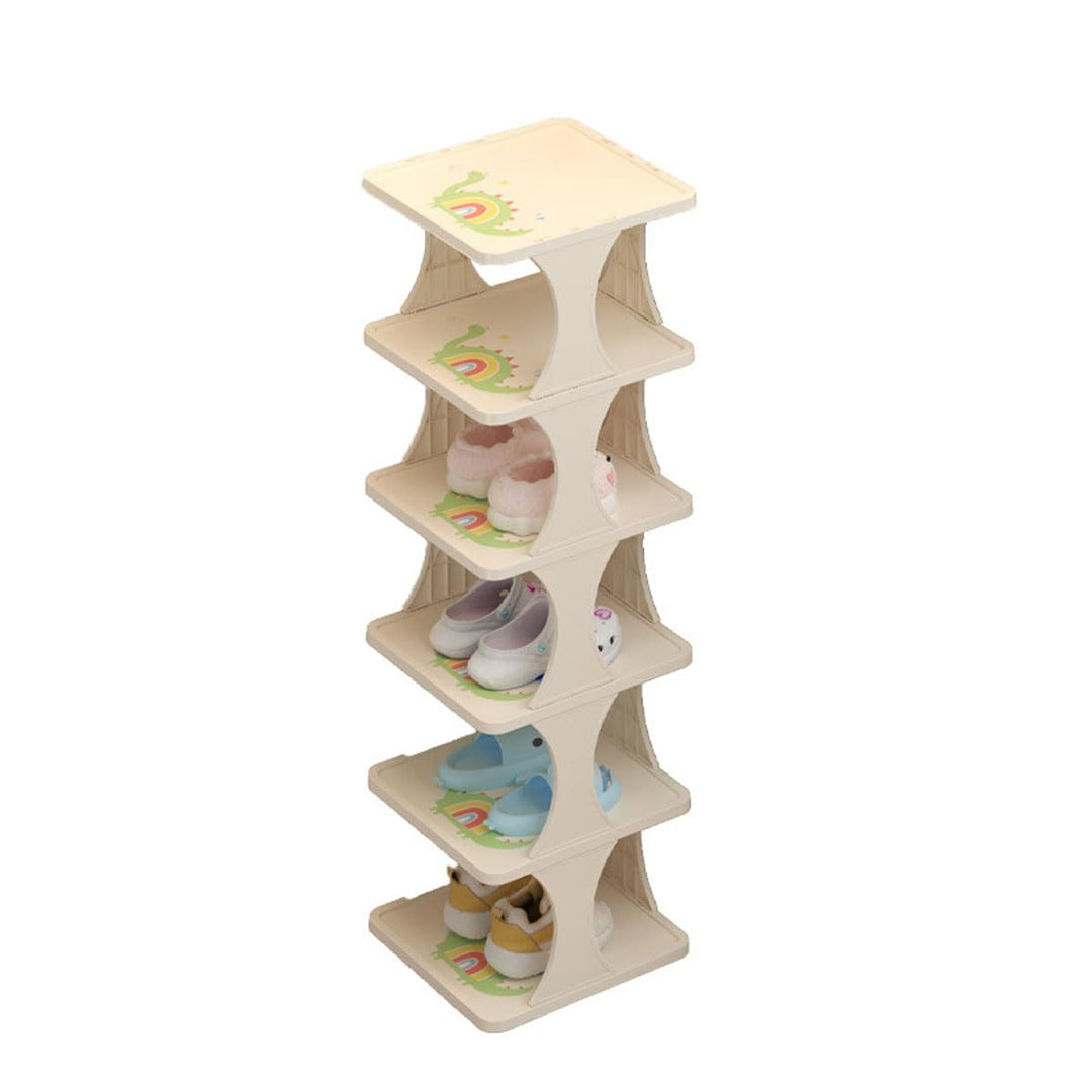 Schuhregal Kinder Verstellbar, 6 Stöckige Schuhregal Schmal und Hoch, Shoe Rack Weiss mit Dinosaurie