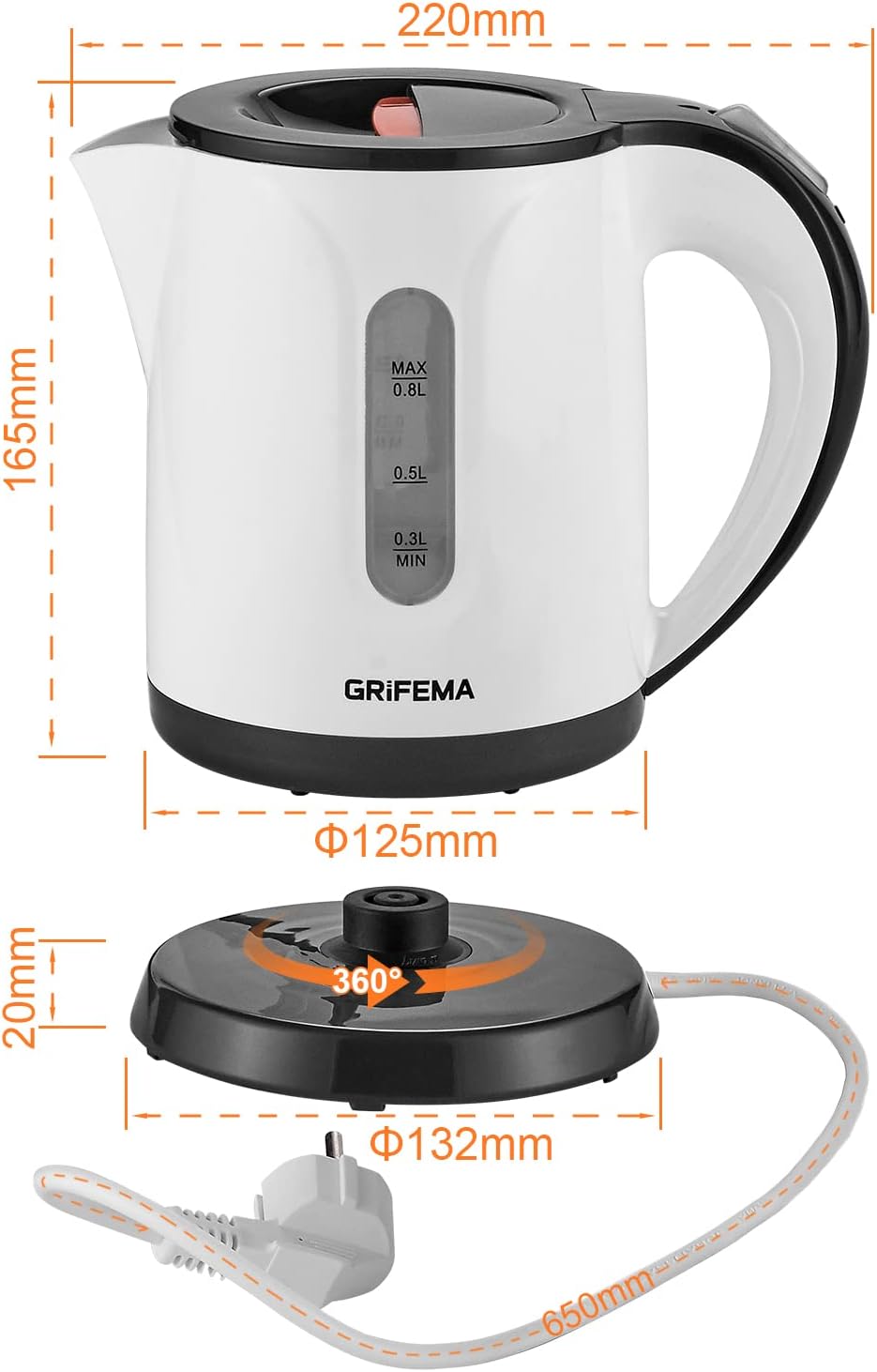 GRIFEMA Wasserkocher Klein, 0,8L, 1100W - Teekocher Elektrisch mit Kalkfilter, Kettle Leise, Schnell