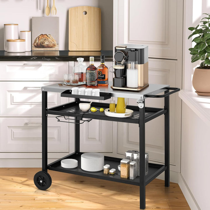 LEADZM Grillwagen - Grilltisch Outdoor, 97 x 51x 83 cm, Schreibtisch aus Edelstahl Silber,Mit Rädern