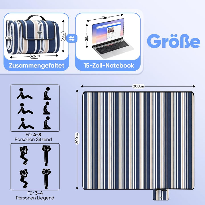Sekey Picknickdecke Wasserdicht 200x200cm, sandfeste Strandmatte, PEVA-Wasserdichter Untergrund, Str