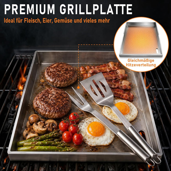 Plancha Grillplatte Set 40 x 30cm, 4mm Edelstahl Grillplatte mit 5 Stücke BBQ Grillbesteck Set Dicke