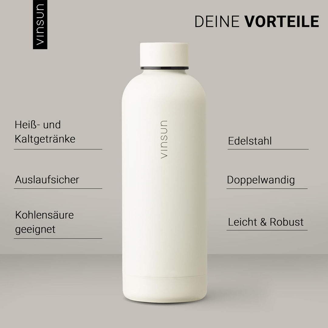 Vinsun Edelstahl Trinkflasche 500ml creme weiss - auslaufsicher, Kohlensäure geeignet, BPA frei - Th