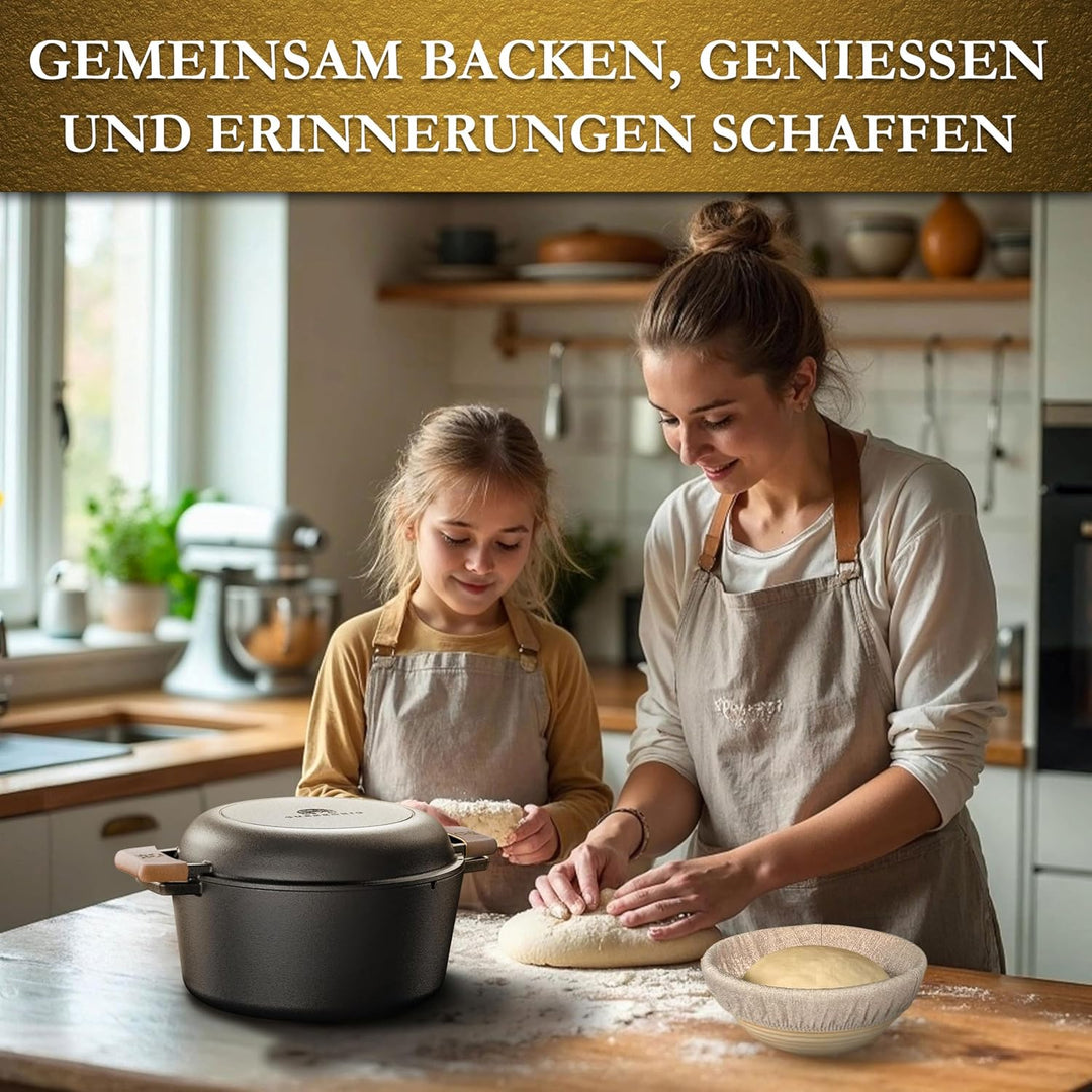 2in1 Gusseisen Brotbackform mit Gärkörbchen–Eingebrannter Gusseisen Topf Brot Backen 4,8L & Grillpfa