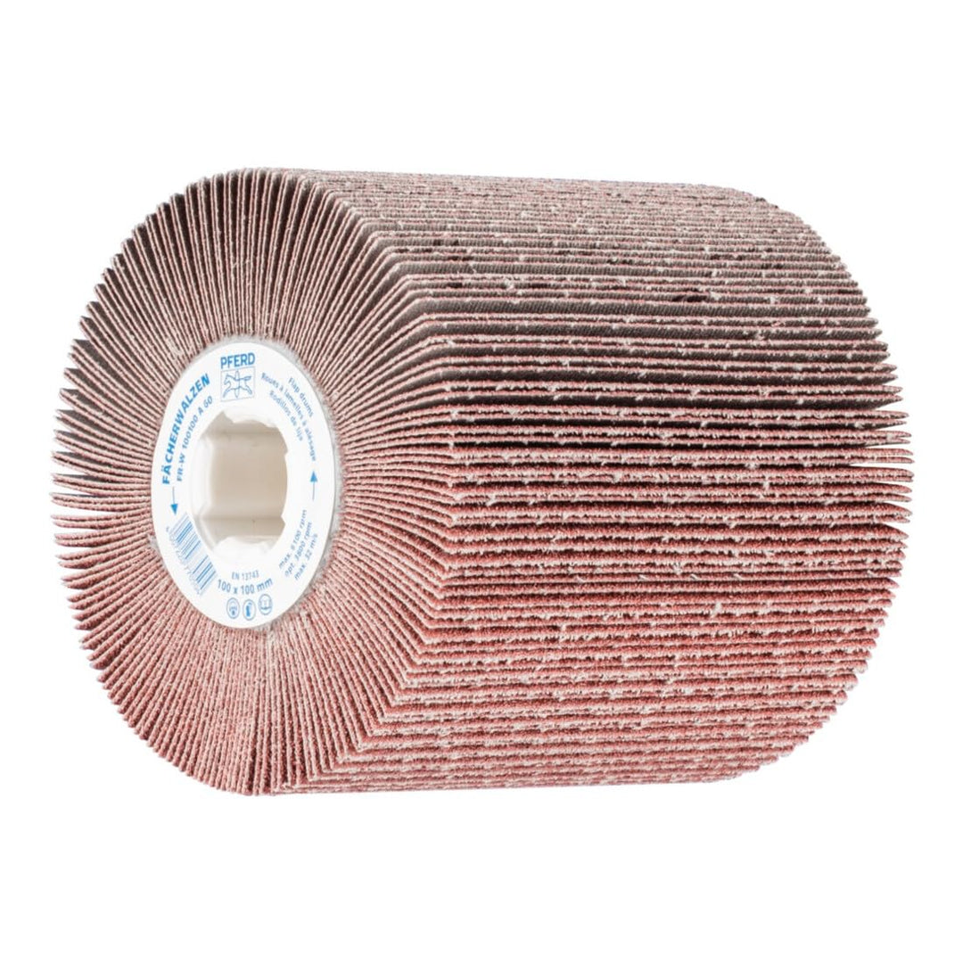 PFERD Fächerschleifwalze | 100 x 100 mm, Keilnut 19mm, Korund A 60 | 44783060 – zum universellen Ein