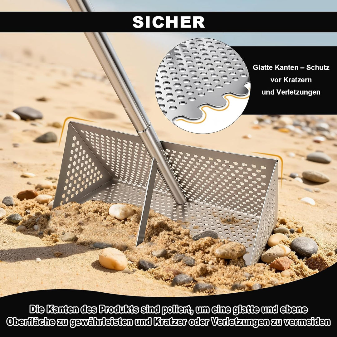 Sandsieb Strand, Sandsieb Strand aus Edelstahl mit abnehmbarem langem Griff, faltbarem Eimer, Schauf