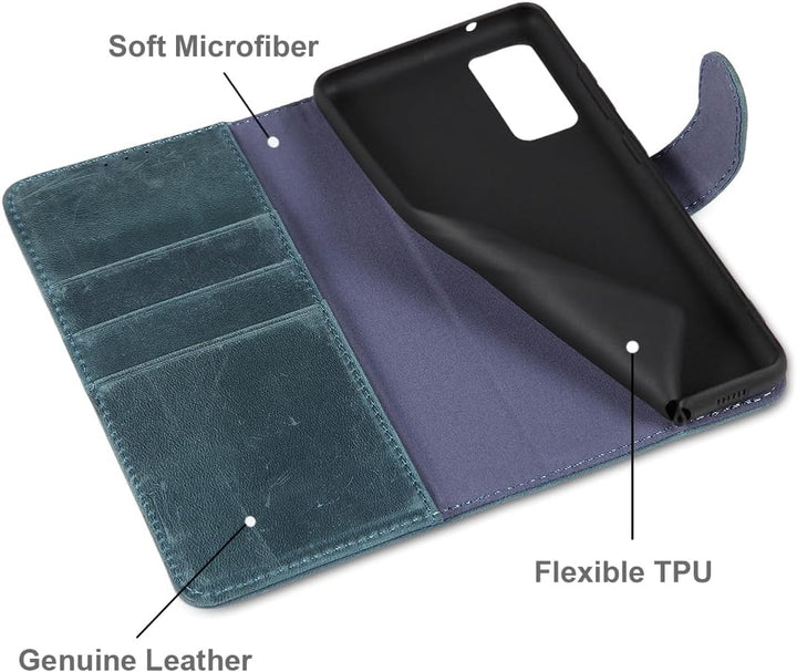LENSUN für Samsung Galaxy S20 FE Lederhülle, Echtleder Hülle [Bookstyle][RFID Blocker Kartenfach][Ec