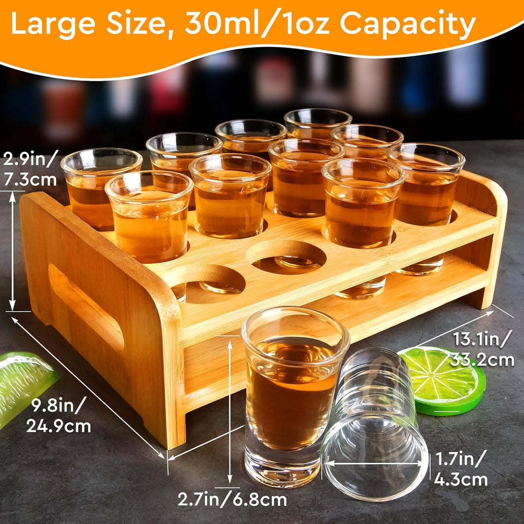 Schnapsglas-Set Mit Tablett - 12 Stück 30ml Gläser, Brett, Halter - Gerade, Dicke Basis, Klares Glas