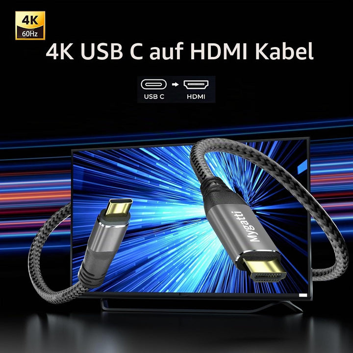 USB C auf HDMI Kabel 7.5 M,Typ-C auf HDMI 4K UHD(Thunderbolt 4/3 kompatibel),mit 90-Grad und 270-Gra