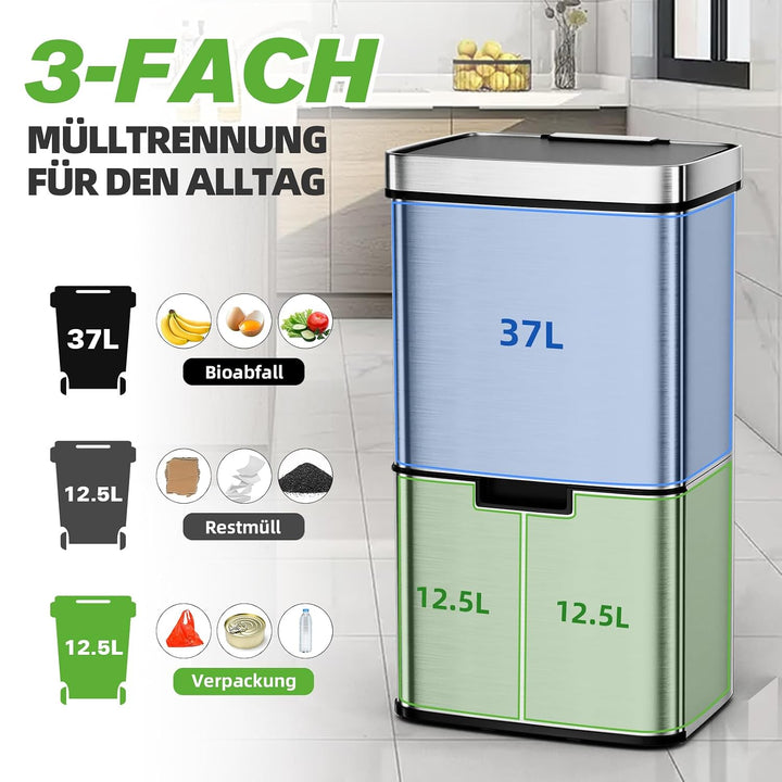 Gardtech Mülleimer Küche mit Sensor 62 Liter, Automatisch Edelstahl Abfalleimer mit 3 fächer Mülltre