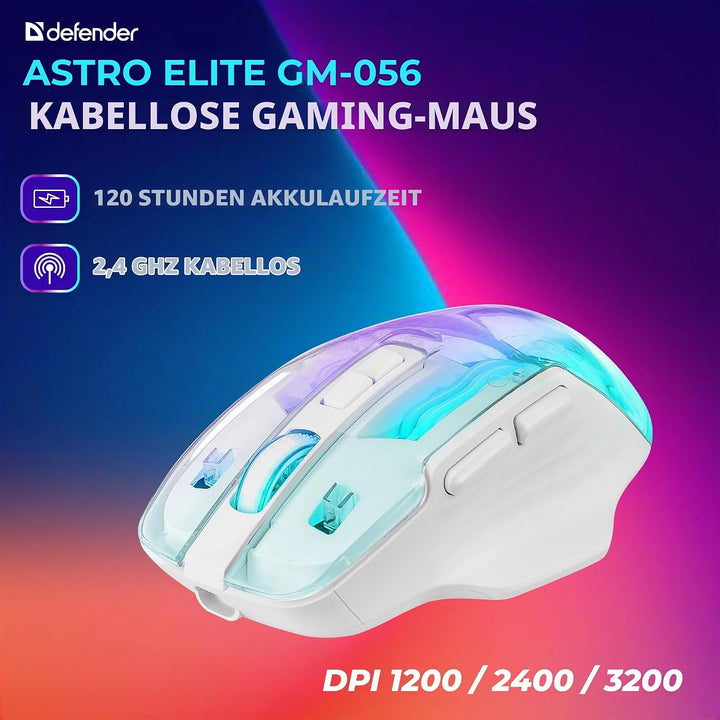 Defender® Astro Elite Kabellose Gaming Maus – 2.4 GHz Wireless, 3200 DPI, RGB, 5 Programmierbare Tas