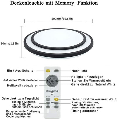 Depuley 48W LED Deckenleuchte mit Fernbedienung Einstellbar, 3 Farbenwechsel, Nachtlichtmodus, IP44