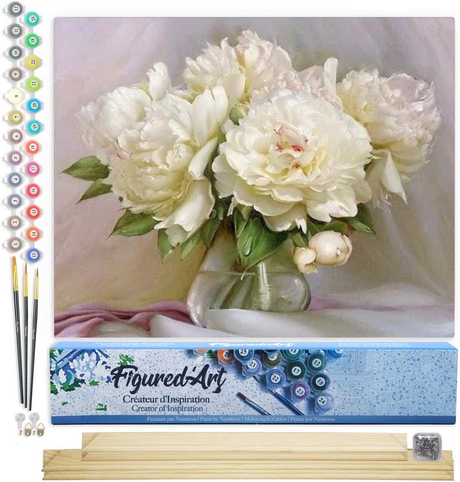 Figured'Art Malen Nach Zahlen Erwachsene Mit Rahmen Weisse Pfingstrosen - Paint by Numbers Basteln D