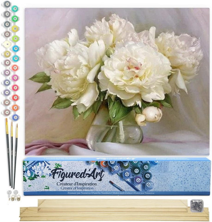 Figured'Art Malen Nach Zahlen Erwachsene Mit Rahmen Weisse Pfingstrosen - Paint by Numbers Basteln D