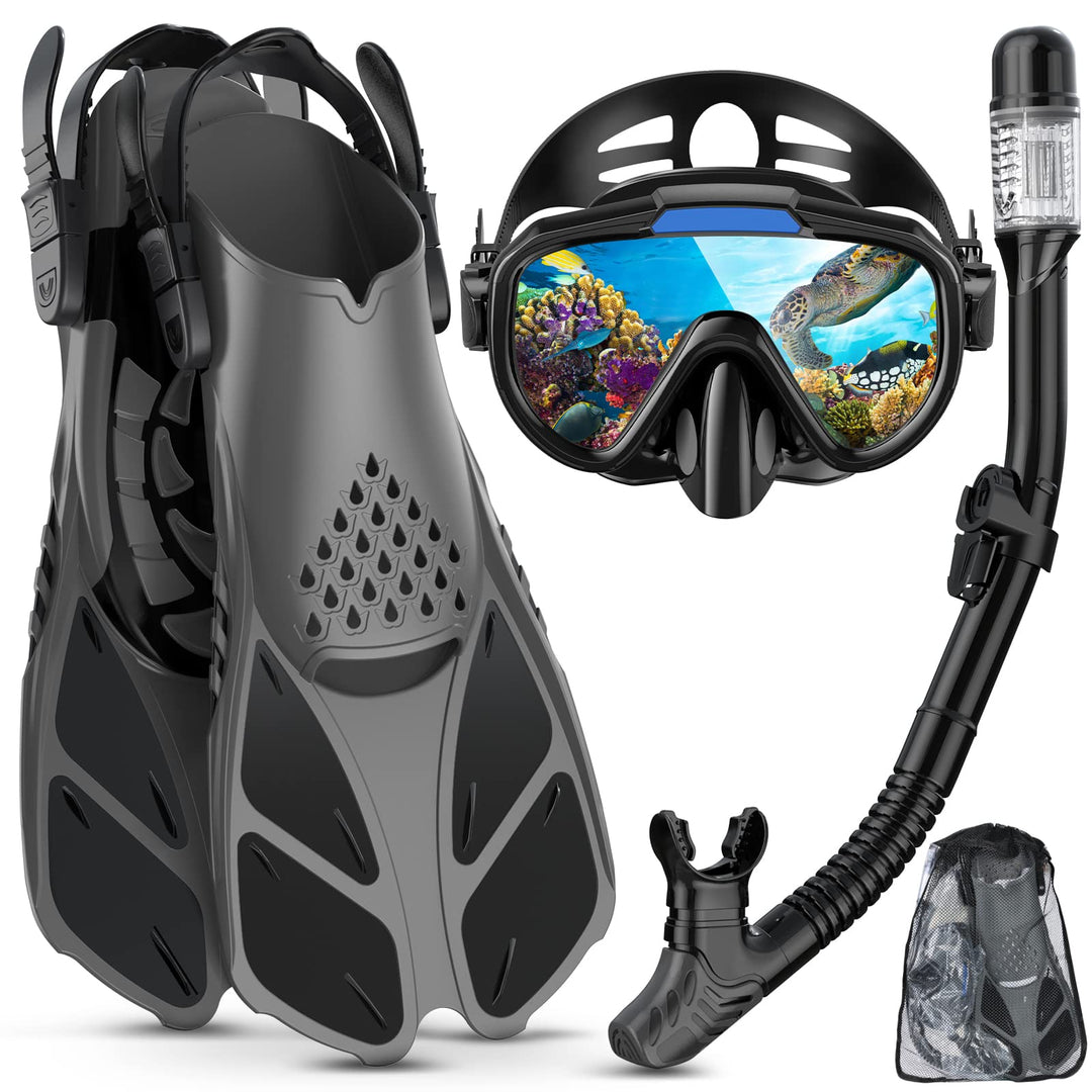 Schnorchelset Erwachsene mit Verstellbare Taucherflossen Anti-Leck &amp; Anti-Fog Taucherbrille und Dry