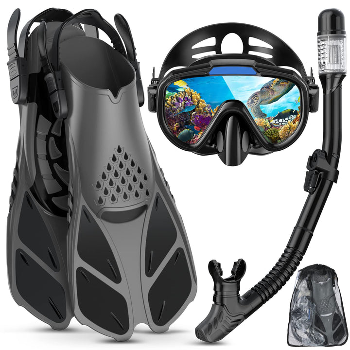 Schnorchelset Erwachsene mit Verstellbare Taucherflossen Anti-Leck &amp; Anti-Fog Taucherbrille und Dry