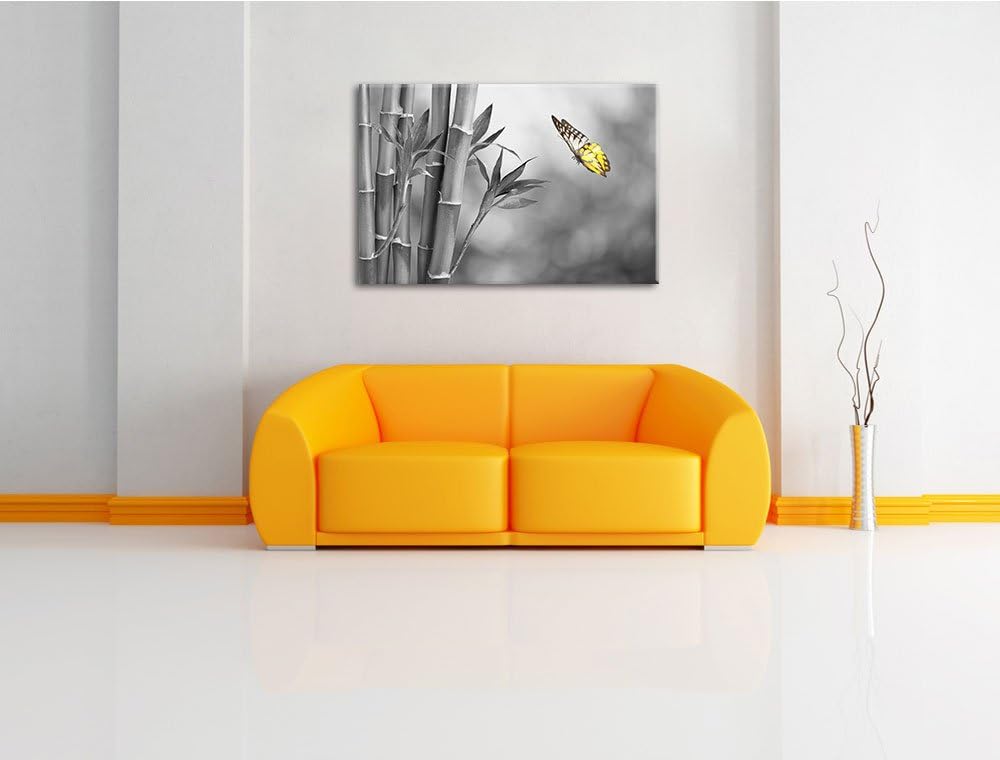 schöner Schmetterling vor Bambus schwarz/weiss Format: 100x70 auf Leinwand, XXL riesige Bilder ferti