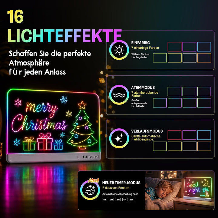 LED Zeichentafel Kinder 18.8 Zoll gross mit Timer &amp; Fernbedienung White, White