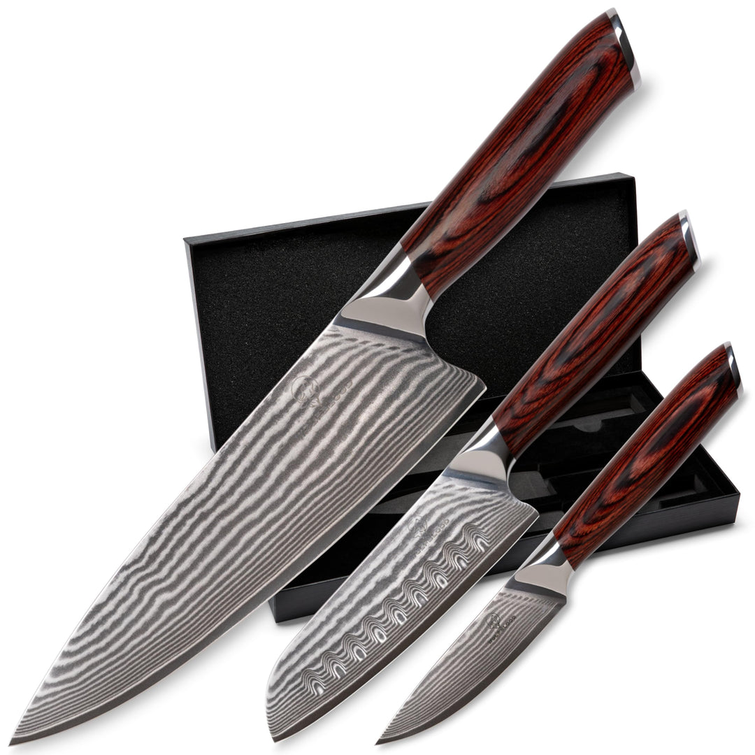 Wolfblood 3er Damastmesser Set (32, 30 und 20cm) TÜV geprüfter 62 HRC Damaststahl aus 67 Lagen I Dam