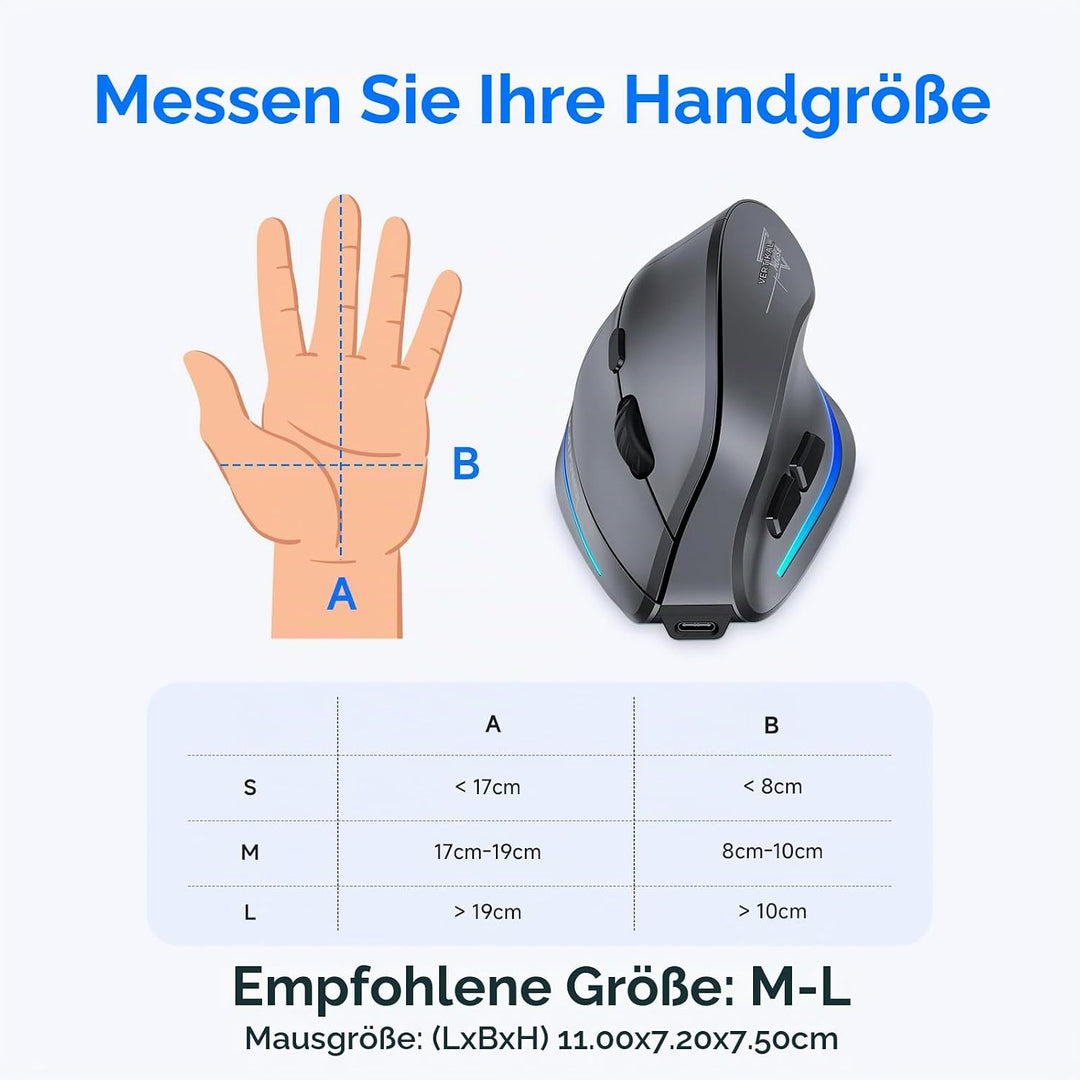 ECHTPower 2.4G Vertikale Ergonomische Maus Wireless, Wiederaufladbare kabellose Funkmaus Computermau