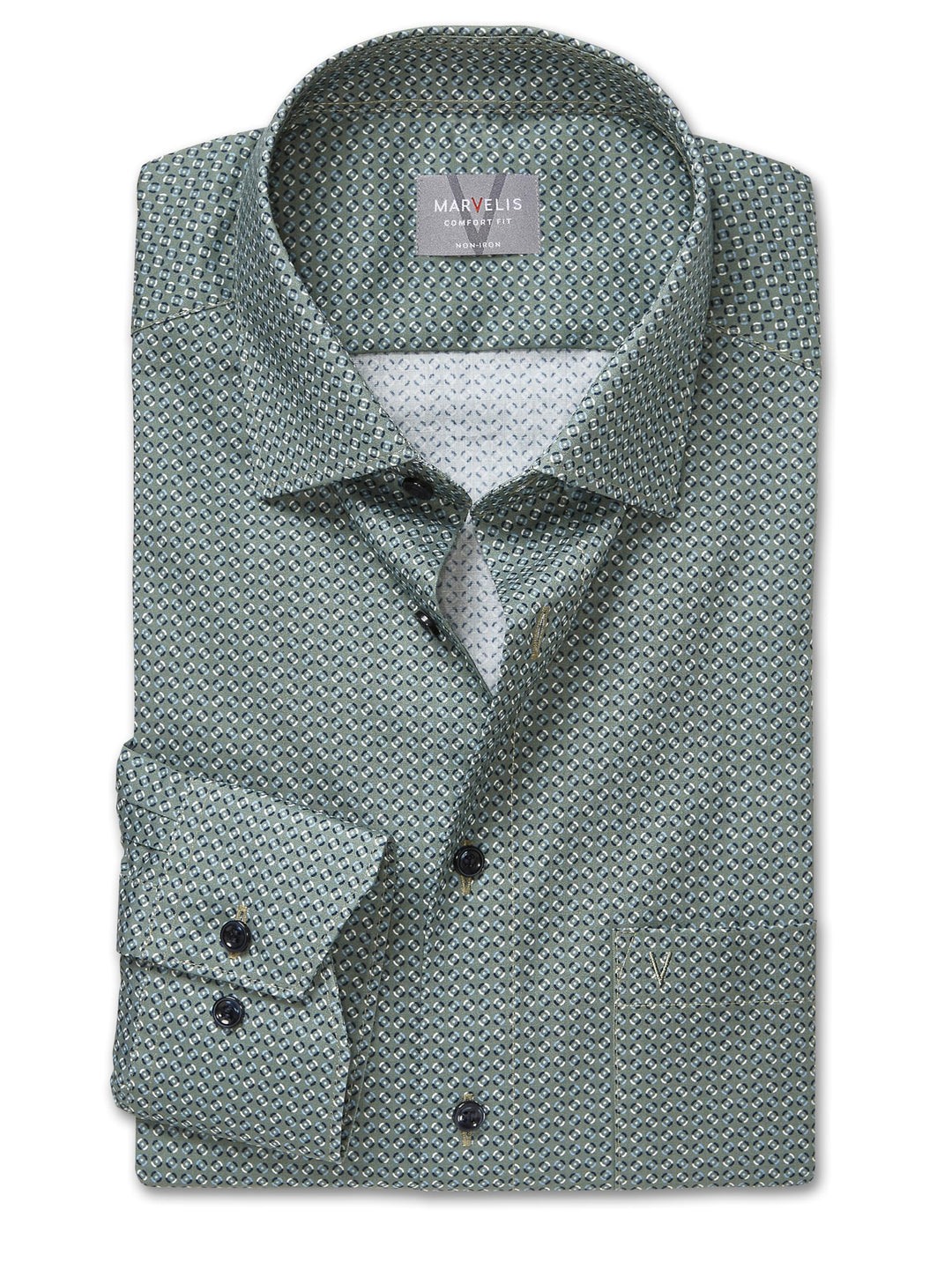 Marvelis Herren Businesshemd Langarm 702584,Rotationsdruck,Non-Iron-Comfort-Fit,New Kent 39 Oliv 47,