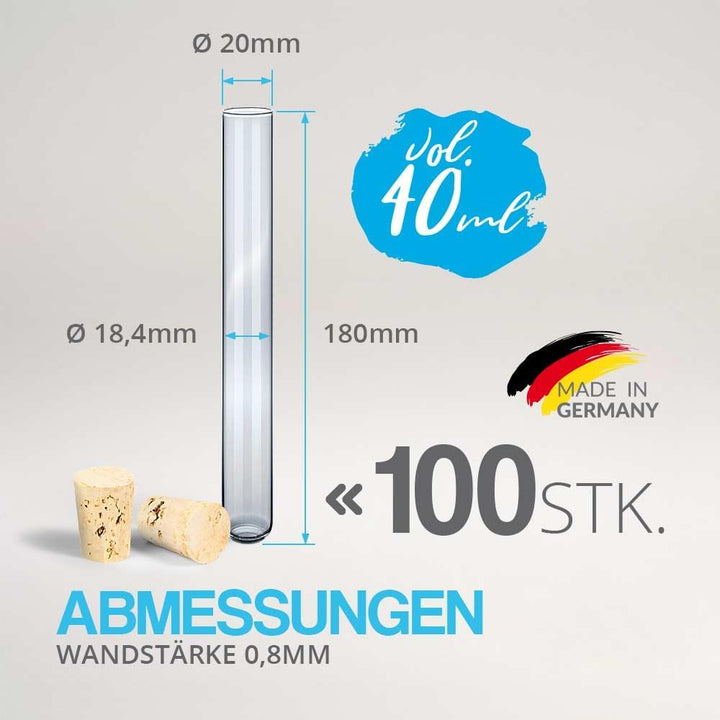 Tuuters 100 Glas Reagenzgläser mit Korken Verschluss Naturkorken, kleine Gewürzgläser (180 x Ø 20mm)