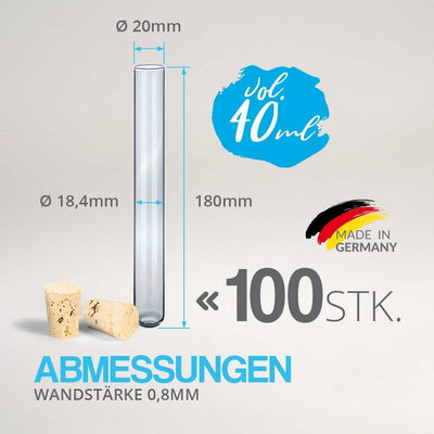 Tuuters 100 Glas Reagenzgläser mit Korken Verschluss Naturkorken, kleine Gewürzgläser (180 x Ø 20mm)