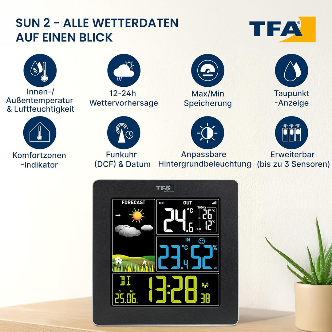 TFA Dostmann Wetterstation Funk mit Aussensensor SUN2 digital, 35.1174, für Innen und Aussentemperat