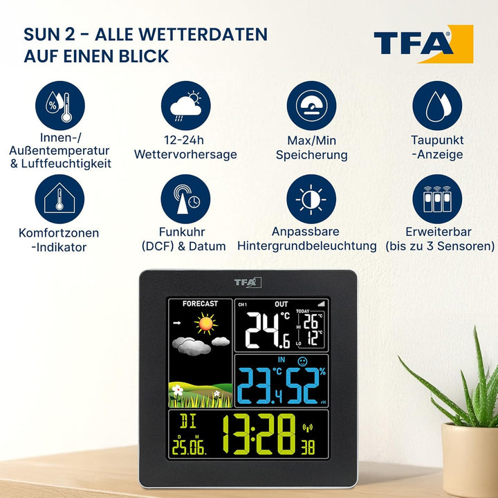 TFA Dostmann Wetterstation Funk mit Aussensensor SUN2 digital, 35.1174, für Innen und Aussentemperat