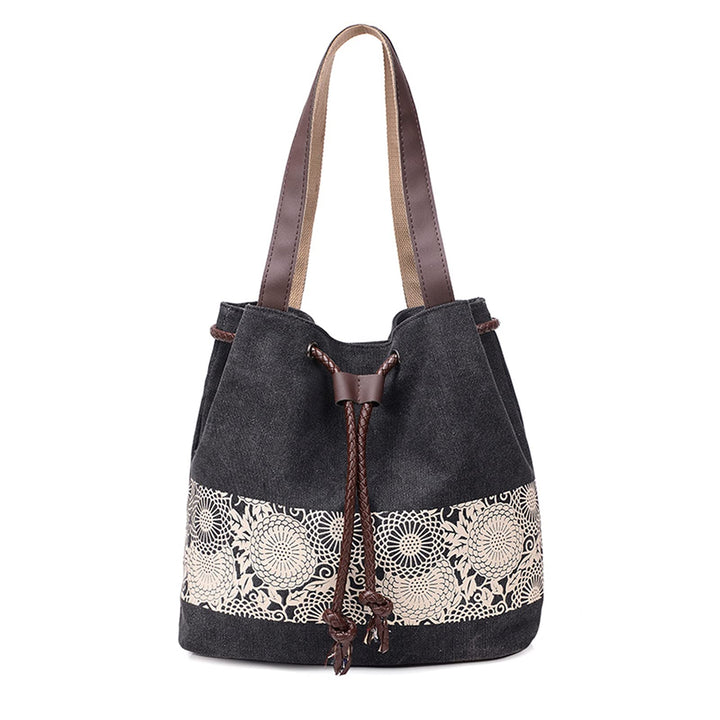 PORRASSO Damen Schultertasche Canvas Tote Umhängentasche Retro Kordelzug Beuteltasche Frauen Shopper