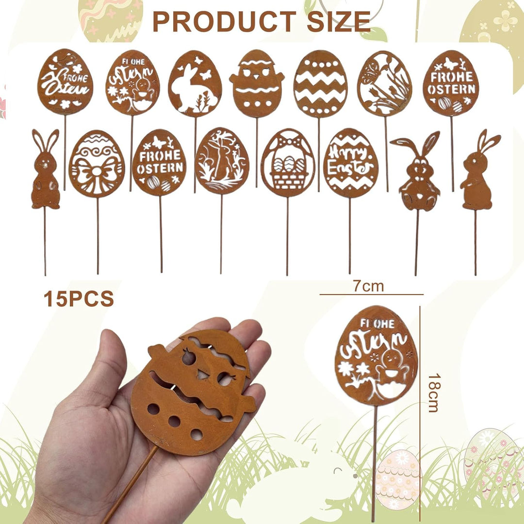 15PCS Osterhasen Gartenstecker,Frühlingsdeko Osterhase Rost Deko,Gartenstecker Ostereier,Osterhasen