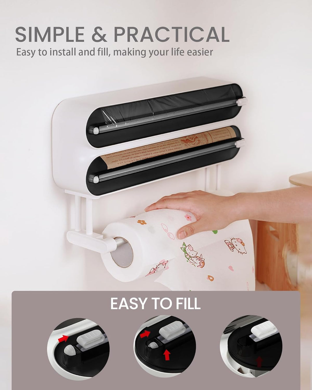 3 in 1 Frischhaltefolienspender mit Küchenrollenhalter - Küchenrollenhalterung mit Cutter - Küchenro