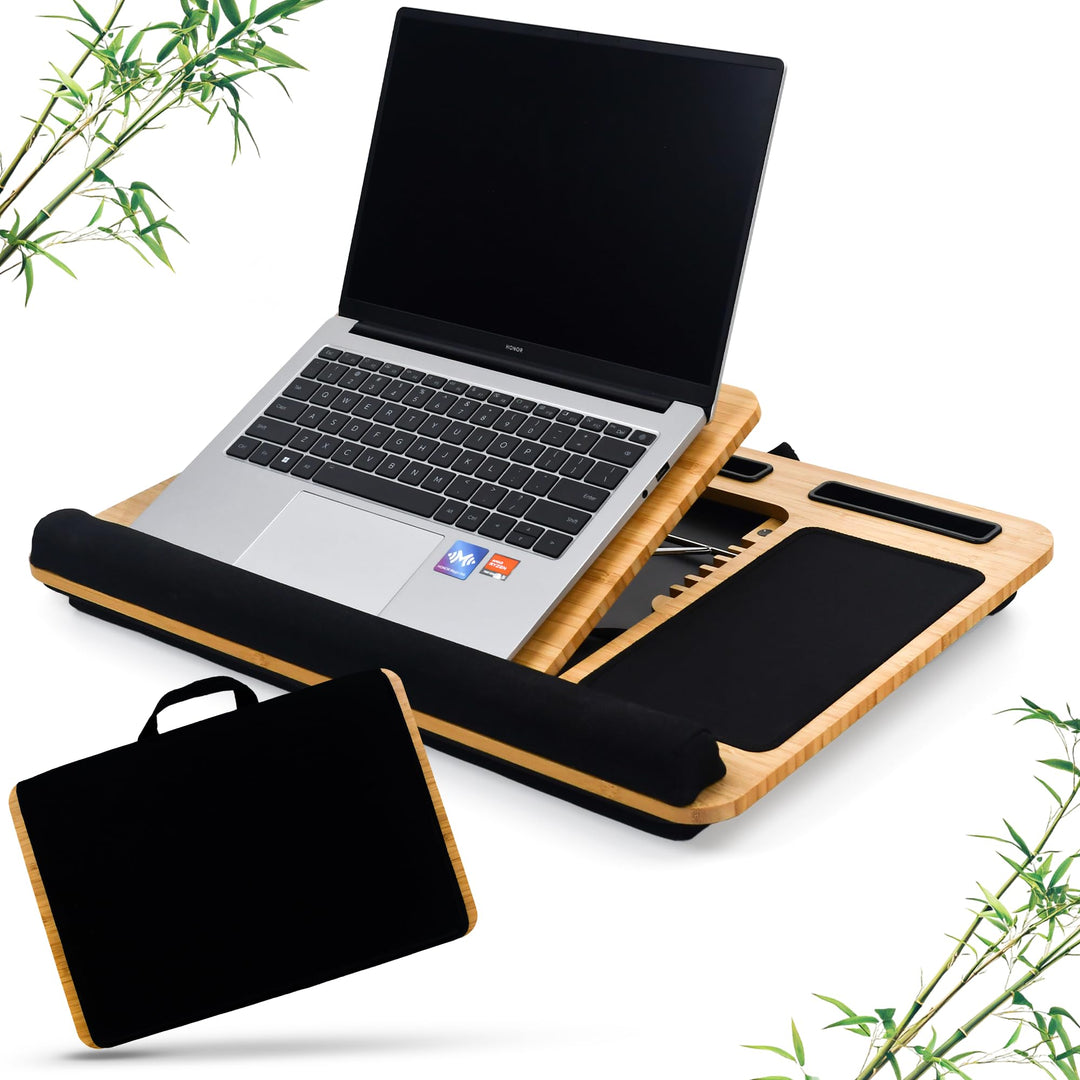 Knietablett Mit Kissen Aus Bambus, Verstellbare Laptop Unterlage Mit Handyhalter Und Mousepad, Lapto