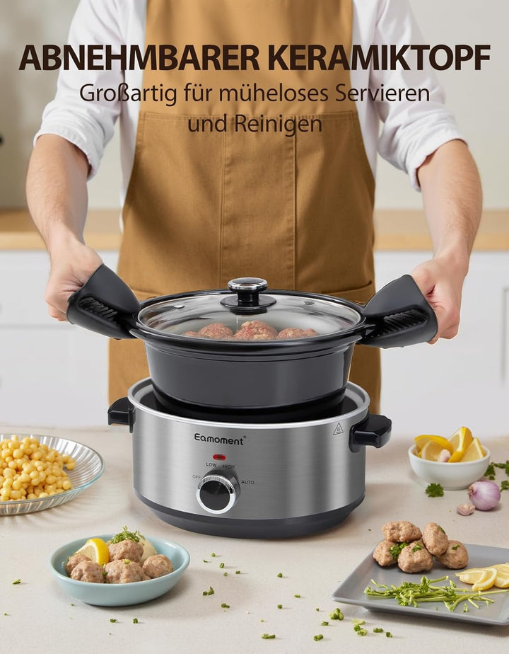 Slow Cooker, 3,5 Liter Edelstahl Schongarer mit Keramiktopf, Einstellbare Temperatur, Spülmaschinenf