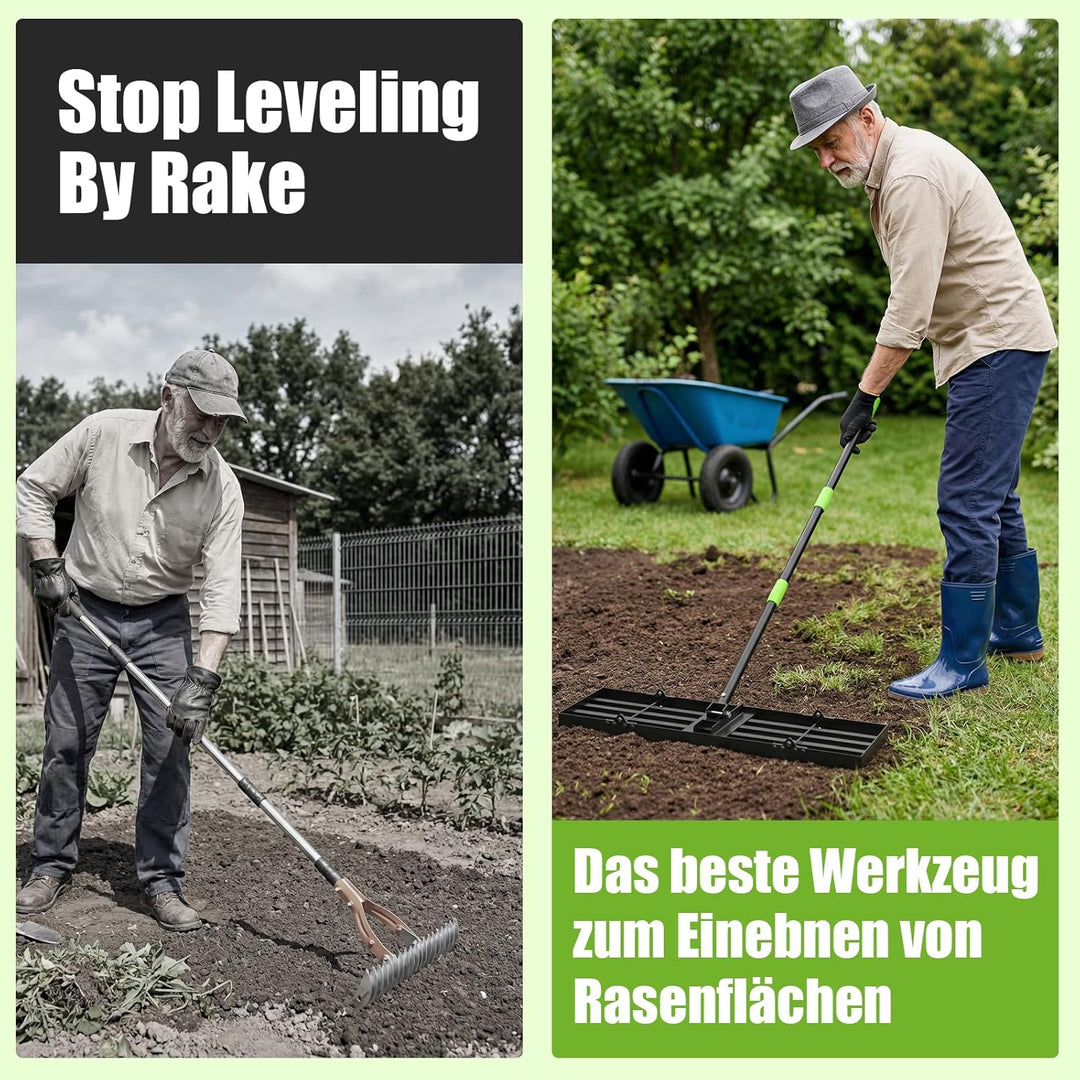 GARDTECH Rasenrakel 75x25 cm | Nivellierrechen aus Edelstahl mit Anti-Kipp-Design | 195 cm Verstellb
