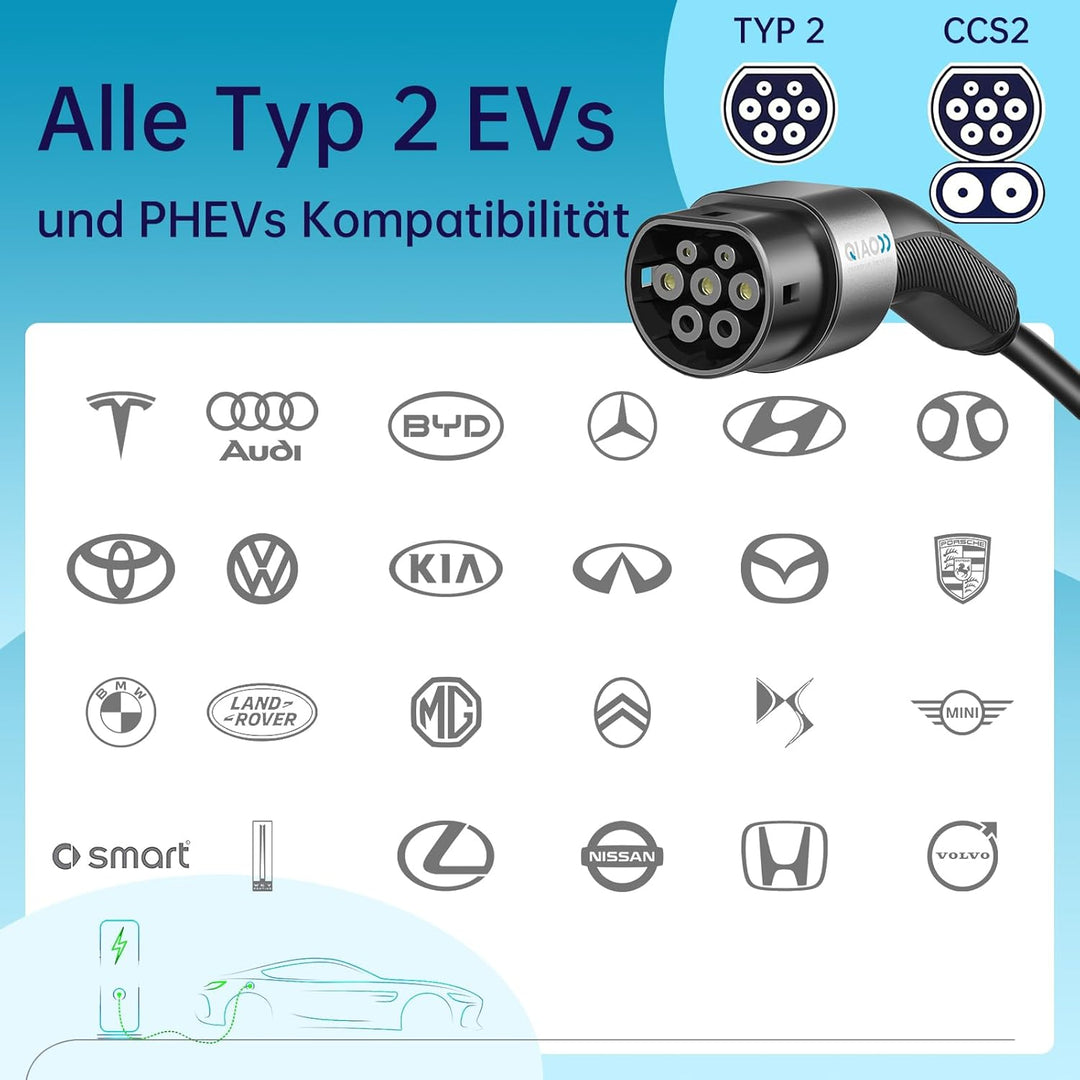 QIAO Elektrofahrzeug-Ladekabel Typ 2, 11kW 5M 16A 3-phasig, IEC 62196 Ladekabel für Elektrofahrzeuge